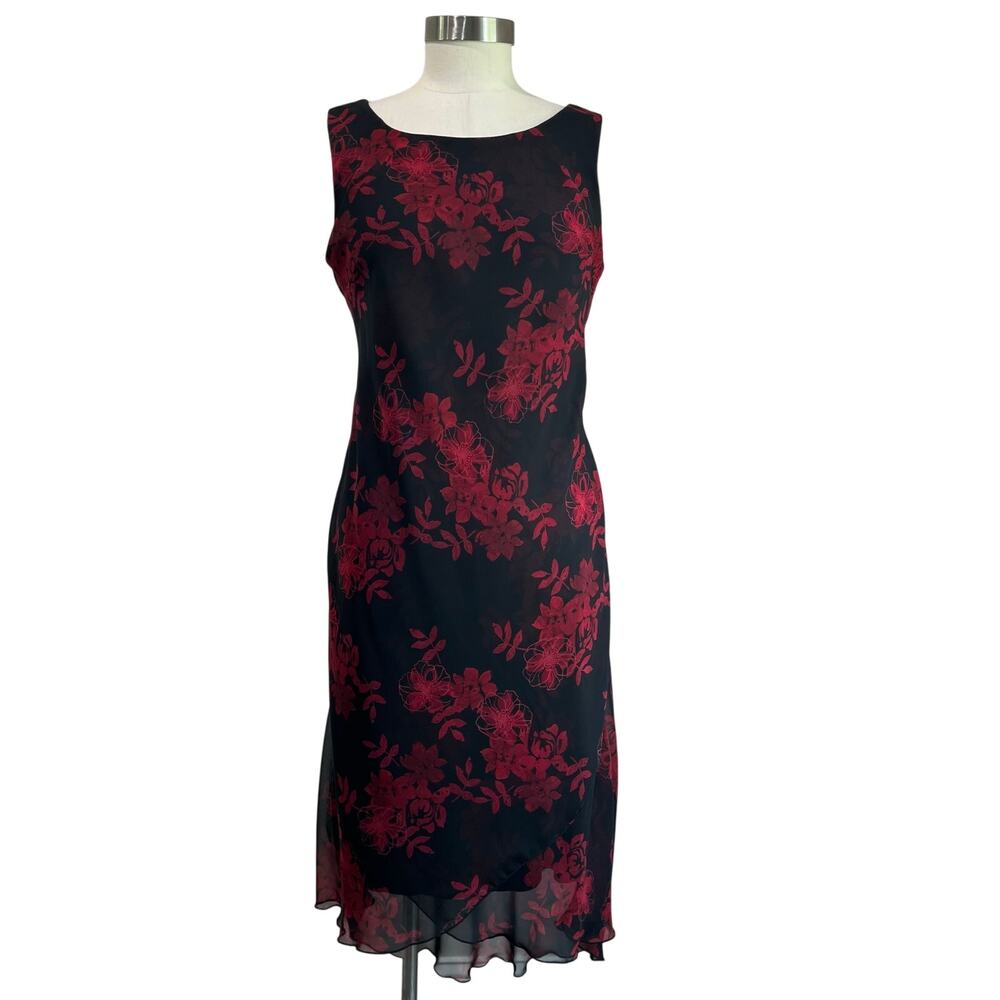Meghan Matthews Black Red Floral Slip Midi Dress Y2K Romantic Goth Party Sz 6‎
